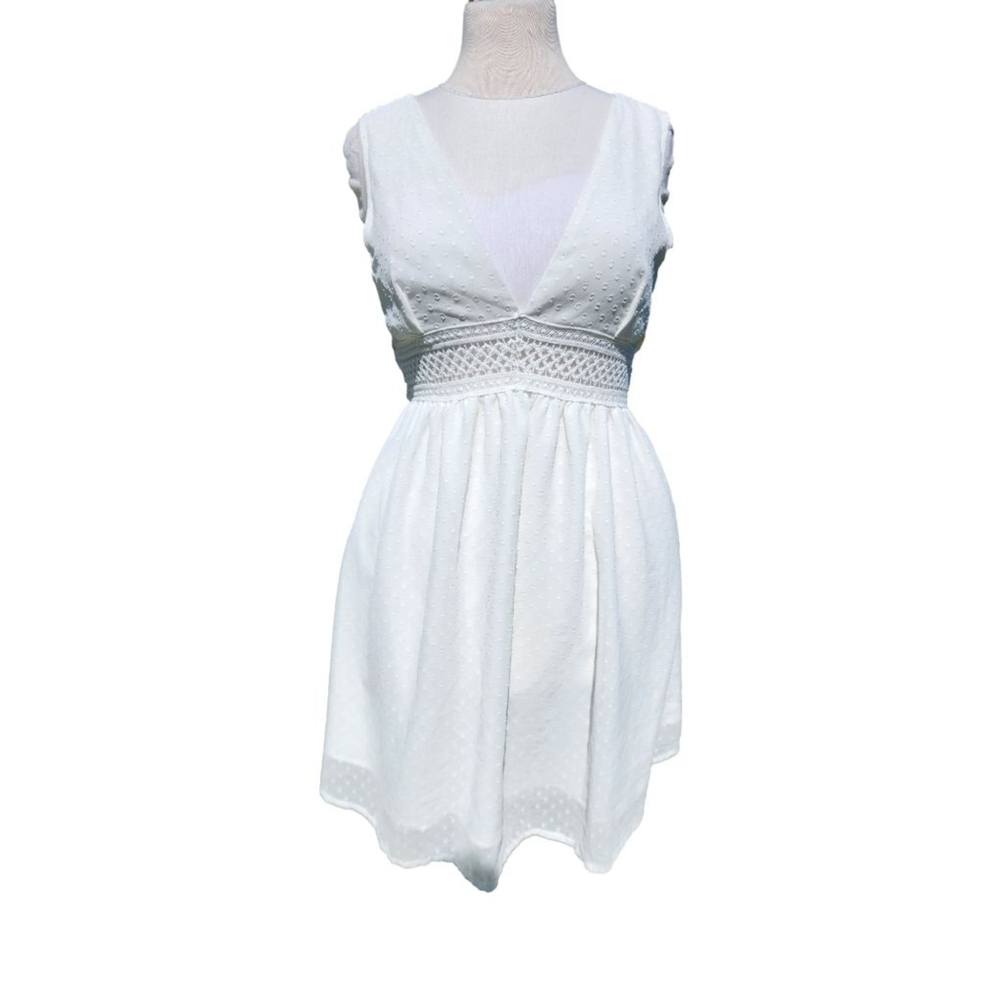 SHEIN White Swiss Dot Eyelet Babydoll Tie Back Mini Dress Size L 8/10